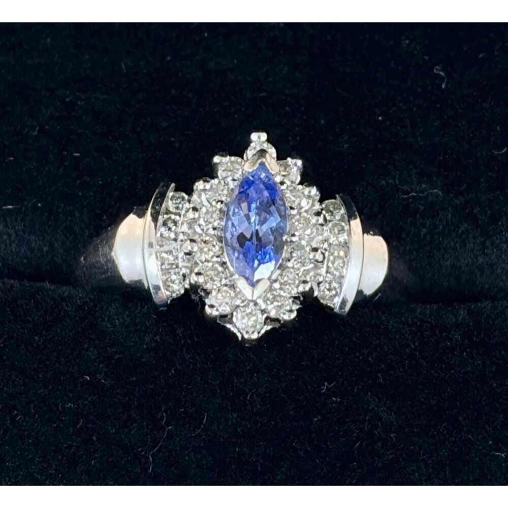 Tanzanite Ring, Diamond Halo, 10K White Gold, Marquise Cut, Cluster